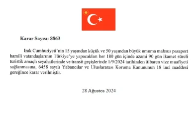 Irak Cumhuriyeti Vatandaşlarına Vize Serbestisi Kararı Resmi Gazete’de Yayımlandı